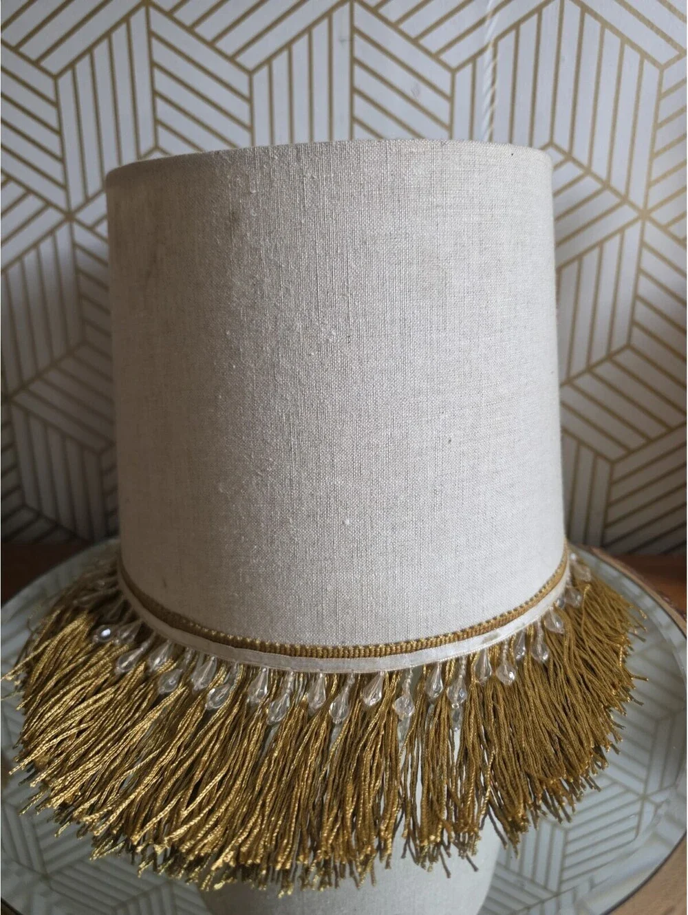 Vintage Fringed And Beaded Fabric Lampshade 10